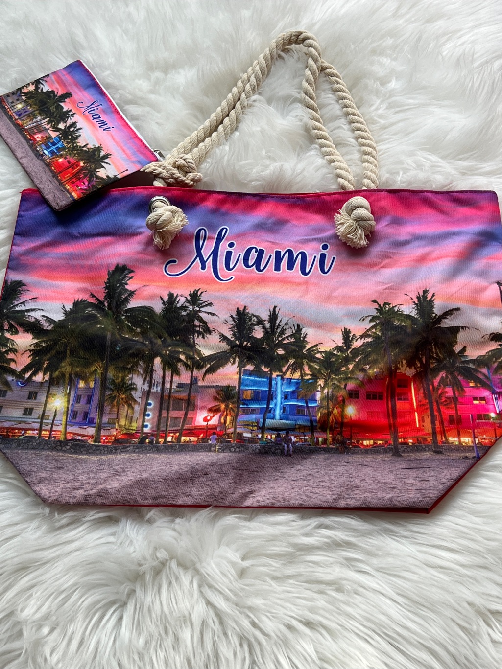Miami Theme-Sunset Canvas Tote Bag Set With Rope Handles